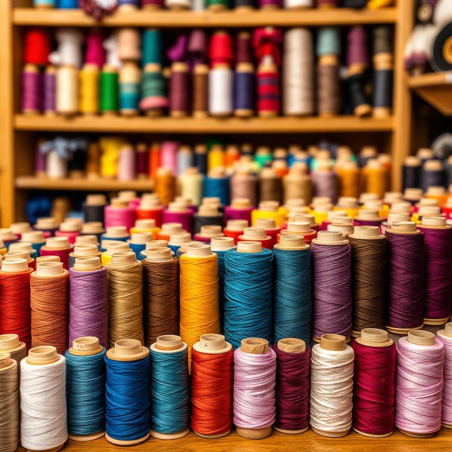 Bunte Garnrollen im Atelier