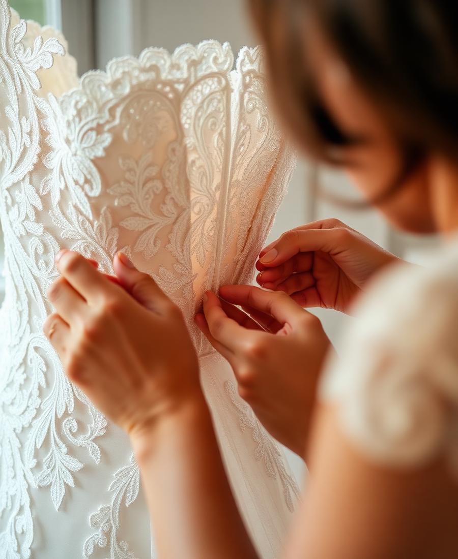 Anpassung eines Spitzen-Brautkleides